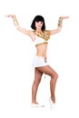 Dancing pharaoh woman wearing a egyptian costume. Royalty Free Stock Photo