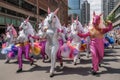 dancing pride parade of rainbow glittering lgbtq unicorns illustration generative ai