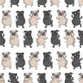 Dancing pugs. Seamless vector pattern.