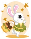 Dancing rabbits in autumn brings baskets with walnuts. little bunny with autumn leaves