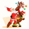 Dancing Santa Claus with Christmas Reindeer. Funny and cute Merry Christmas characters Royalty Free Stock Photo