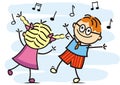 Dancing and singing kids, dancing pair, funny vector illustration