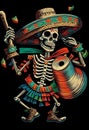 Dancing skeleton in traditional Mexican costume on a dark background. AI Generated