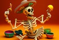 Dancing skeleton in traditional Mexican costume on a light background. AI Generated