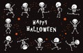 Dancing skeletons. Funny white human bones in dance. Halloween vector black poster in horror style Royalty Free Stock Photo