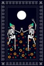 Dancing skeletons on the Moonlight with flower field, Halloween background