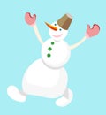 Dancing snowman with a bucket on his head on a blue background.