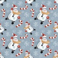 Dancing snowman with Santa hat and candy canes seamless digital pattern