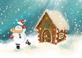 Dancing snowman with Santa hat and a gingerbread house digital illustration