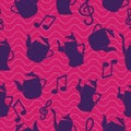 Dancing teapots on a seamless pattern background