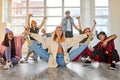 dancing together. group of young dancers performing a common choreography Royalty Free Stock Photo