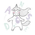 Dancing unicorn baby print. Cute animal listens to music with simple abstract design.