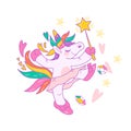 Dancing Unicorn in ballerina tutu skirt, cartoon vector illustration isolated.