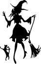 Dancing Witch with broom and cat. In big hat. Royalty Free Stock Photo