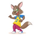 Dancing Wolf mascot: funny dancing wolf, disco style, cartoon character. Vector illustration.