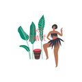 Dancing woman, palm leaves, African drums, hand drawn phrase: just dance. Vector