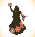 Dancing woman in retro traditional clothes. Girl in vintage dress with tambourine. Sketchy woman silhouette. Gypsy Royalty Free Stock Photo