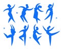 Dancing women.Contemporary silhouette organic shapes,hand drawn blue female roundelay.Flat human figures,bodies moving.Fashion