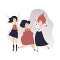 Dancing women. Happy disco dancing friends. Disco dancing graceful ladies. Funny cartoon style vector illustration on white