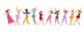 Dancing women set, flat style. Attractive girls, different nationalities Royalty Free Stock Photo