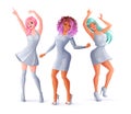 Dancing women in silver sparkly dresses. Isolated vector illustration.