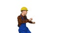 Dancing young engineer with helmet after work on white background.