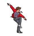 dancing young guy illustration in black jeans in red jacket and having fun