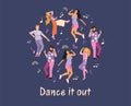 Young people dance in different poses. Movement of people to music at a party, carnival or festival. Joyful emotions, mood. Vector Royalty Free Stock Photo