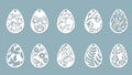 dandelion, bell, leaves, flowers, fern, chamomile carved in egg. Vector illustration. Easter eggs for Easter holidays. Set of pape