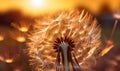 Dandelion develops in the wind. A flower at sunset in a field For banner, book illustration. Created with generative AI tools Royalty Free Stock Photo
