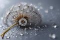 Dandelion with drops of dew in a silver color. Water drops on a parachutes dandelion on a beautiful silver background