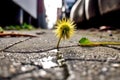 dandelion emerging from cracked urban sidewalk