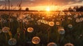 Dandelion Field With Flying Seeds At Sunset, generative ai Royalty Free Stock Photo