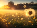 dandelion in the field over blurred sunset background. Royalty Free Stock Photo