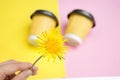 Dandelion flower on background cups of coffee Royalty Free Stock Photo