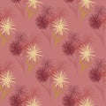 Dandelion flowers silhouettes seamless pattern. Pastel background with yellow and maroon botanic ornament