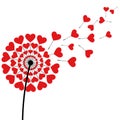 Dandelion fluff red heart shaped on white background