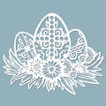 Dandelion, grass, bell, cross, leaves, flowers, chamomile carved in egg. Vector illustration. Easter eggs for Easter holidays. Set