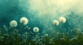 dandelion, green and blue field with white dandelions