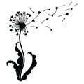 Dandelion with hearts. Black and white dandelion with flying seeds. Vector illustration of a summer flower. Silhouette Royalty Free Stock Photo