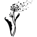 Dandelion with hearts. Black and white dandelion with flying seeds. Vector illustration of a summer flower. Silhouette Royalty Free Stock Photo