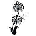 Dandelion with hearts. Black and white dandelion with flying seeds. Vector illustration of a summer flower. Silhouette Royalty Free Stock Photo