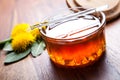 Dandelion honey on wooden table, with blossom and leaf