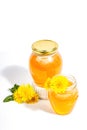 Dandelion jam or honey in the glass jar with fresh dandelion flowers isolated on white background Royalty Free Stock Photo