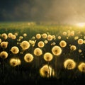 Dandelion meadow at dawn. Glade with fluffy dandelions. Summer landscape. AI-generated