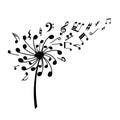 Dandelion melody black silhouette. Musical festival logo. Flower seeds notes. Music wildflower symbol. Isolated art
