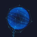 Dandelion nano technological, bright blue on a dark background. Fluffy spherical shape with polygonal mesh. Vector illustration