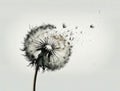 A dandelion puffing its seeds into the wind. AI generation