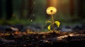 Dandelion with raindrop reflecting sunlight, capturing nature s beauty in rain and sunshine Royalty Free Stock Photo