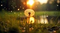 Dandelion with raindrop reflecting sunlight rays, nature s delicate interplay of rain and sunshine Royalty Free Stock Photo